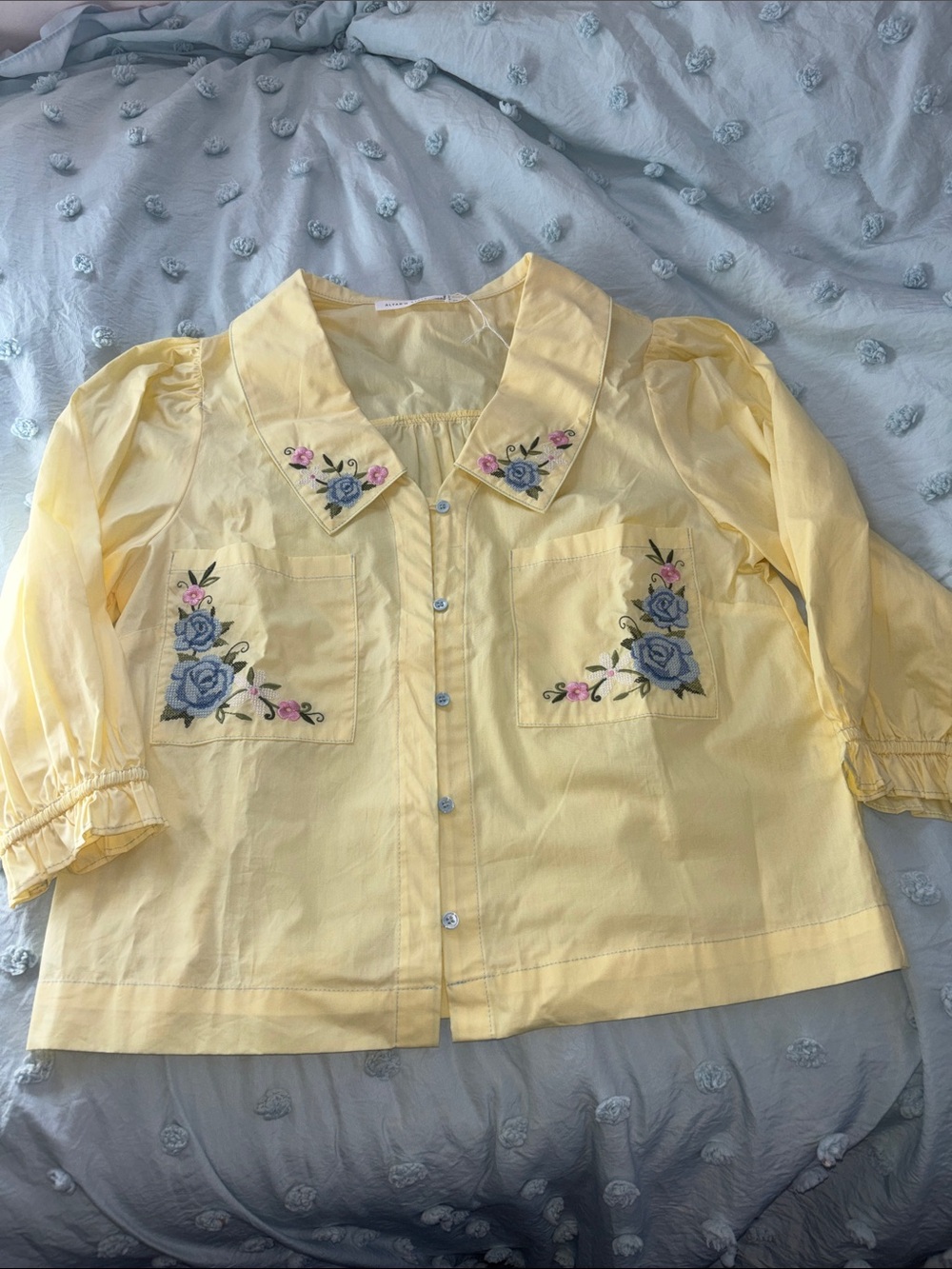 Altar'd State Pale Yellow Button-Front Embroidered Blouse